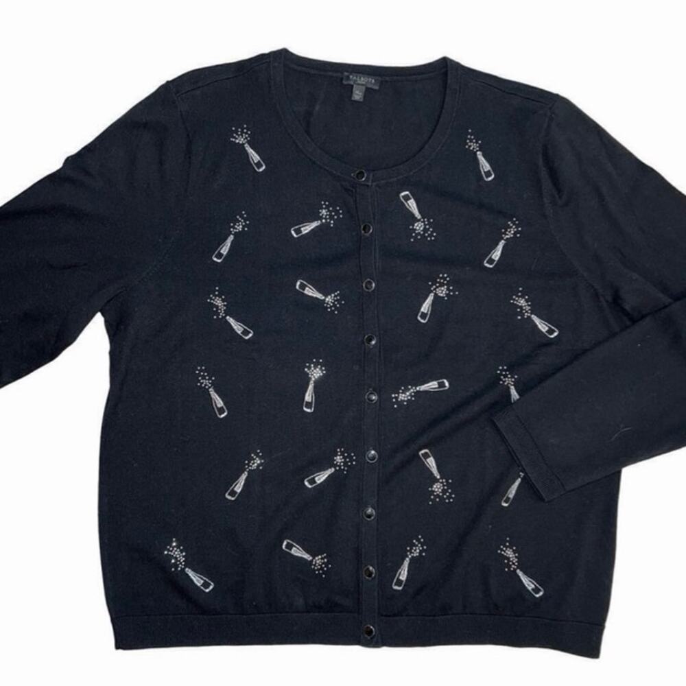 Talbots Black Button Cardigan Sweater Champagne Embroidery Rhinestones Size PXL